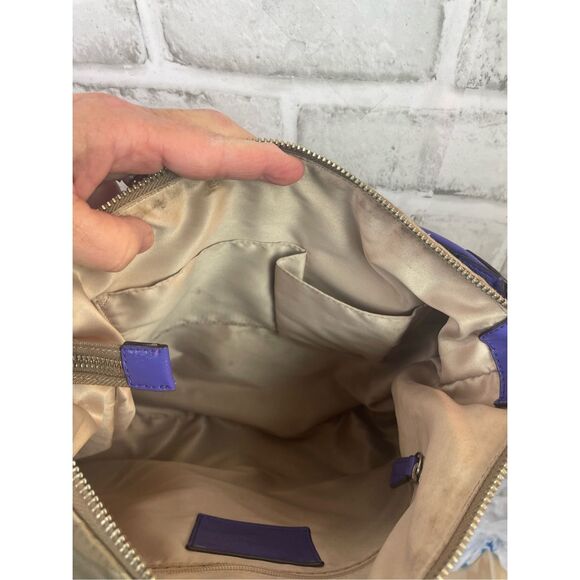 Coach Signature Stripe Hobo Bag F20064 Khaki/Blue Patent Leather Trim - Picture 10 of 16